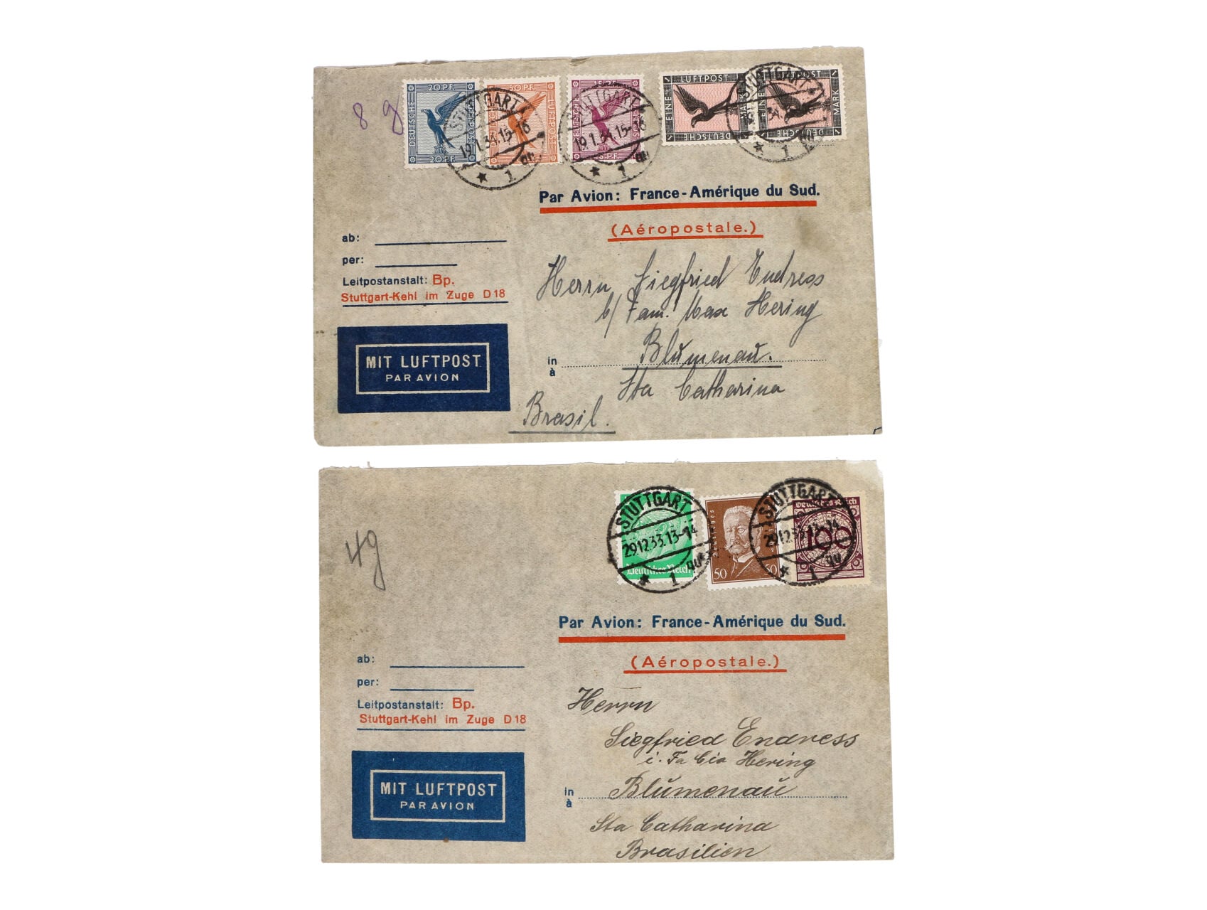 dva R-dopisy do Jižní Ameriky z let 1933 - 34 frank. zn. Mi. č. 379 - 382 dvoupáska), resp. 343, 420, 468, pod. raz. STUTTGART 19.1.1934, resp. 29.12.33 + průch. a přích. raz., zajímavé, dobrá kvalita