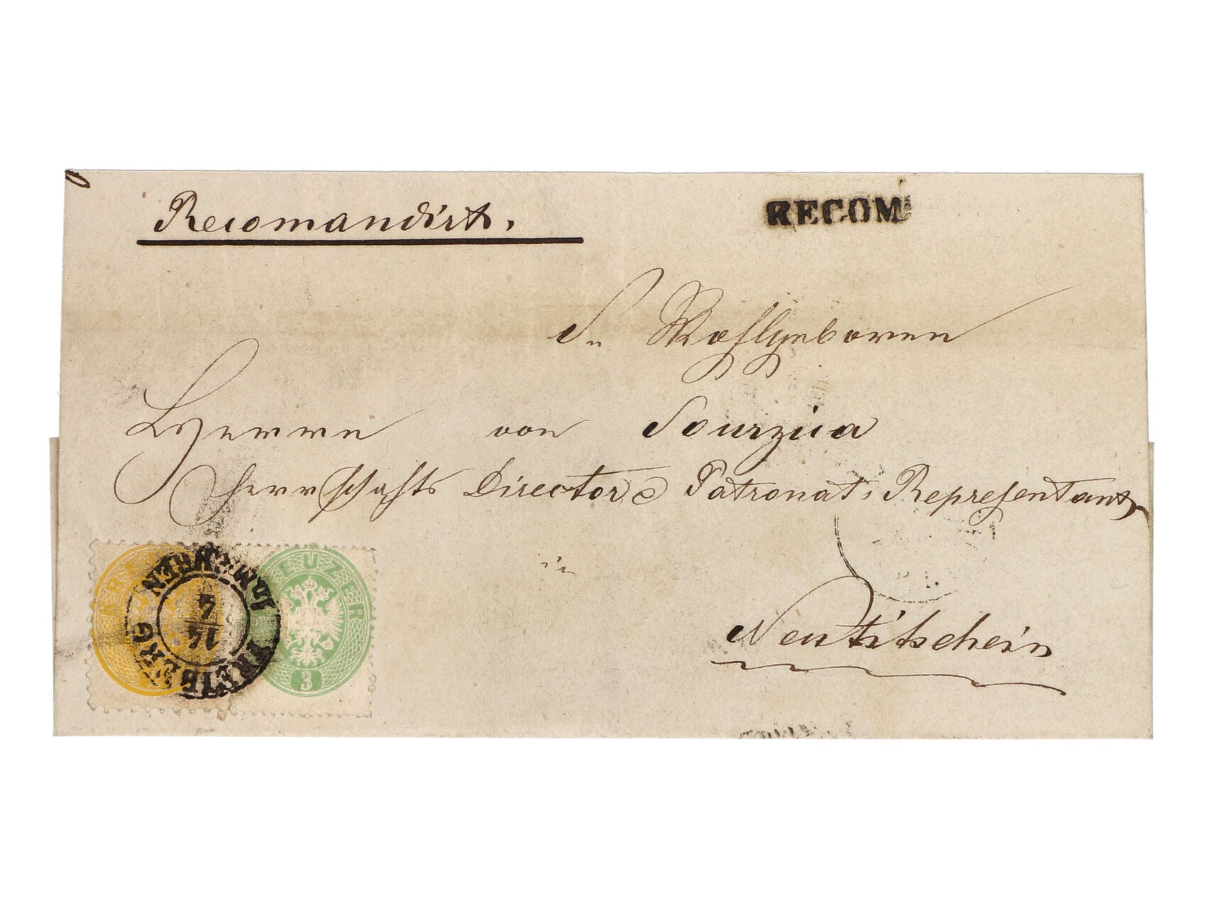 skl. R-dopis do Nového Jičína z r. 1865 frank. smíš. frankaturou emisí 1863 - 1863/64 na přední straně zn. Fe. č. 25, 30, na zadní str. zn. Fe. č. 25, 26, 30 - při otevírání přetrženy -