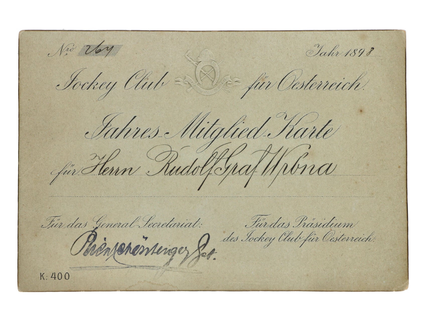Roční členská karta pro rakouský "Jockey Club" č. 264 z r. 1898, na zeleném silném karton. papíře s reliéfním tiskem znaku klubu, velmi zajímavé, dobrá kvalita