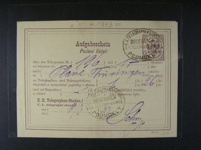 pod. lístek na telegram z r. 1883 s pod. raz. K.K. TELEGRAPHENSTATION BODENBACH, dobrá kvalita
