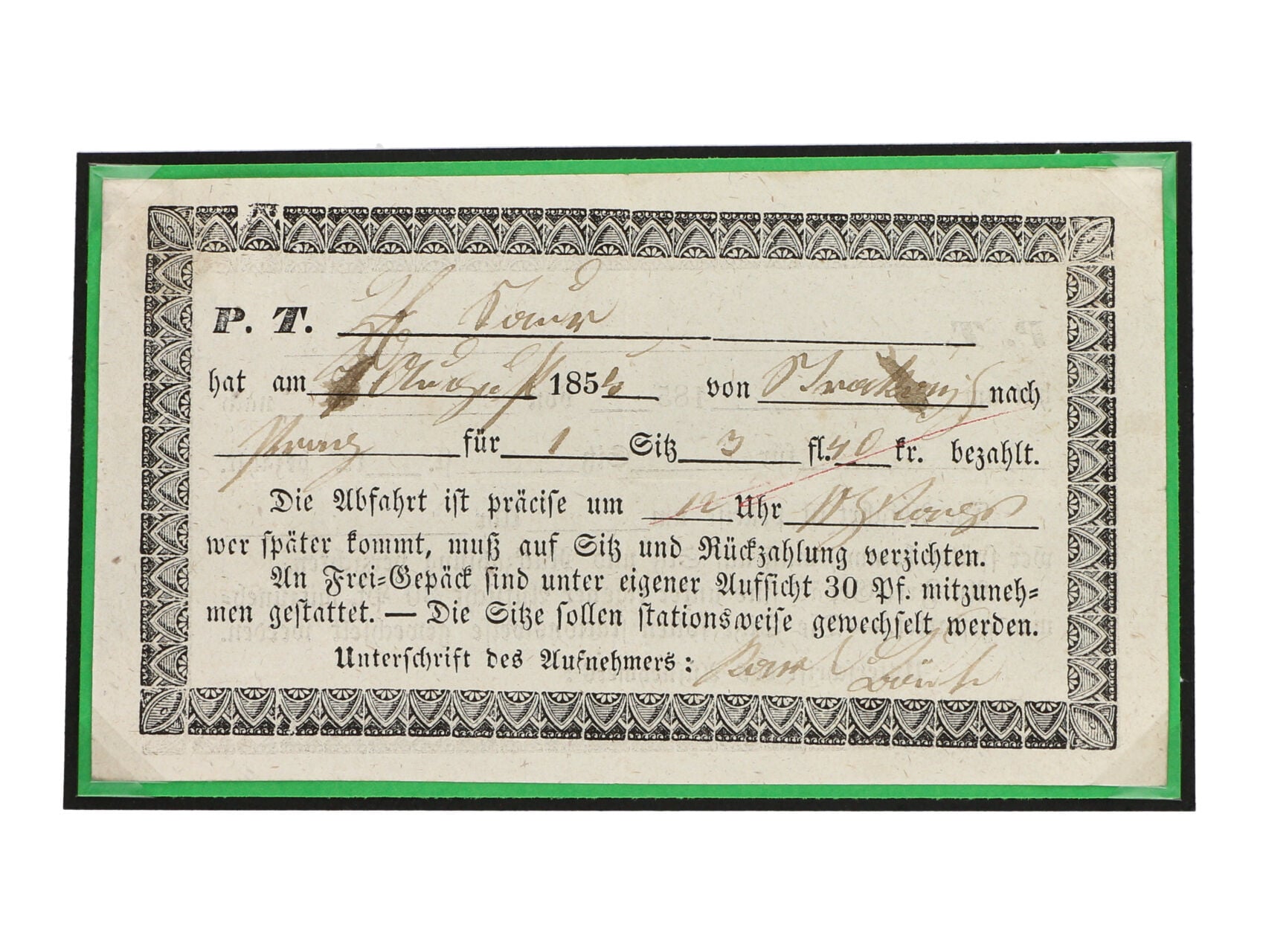jízdenka na dostavník z 30.Aug.1854 ze Strakonic do Prahy s vyplaceným poplatkem 3fl 40kr, zajímavé