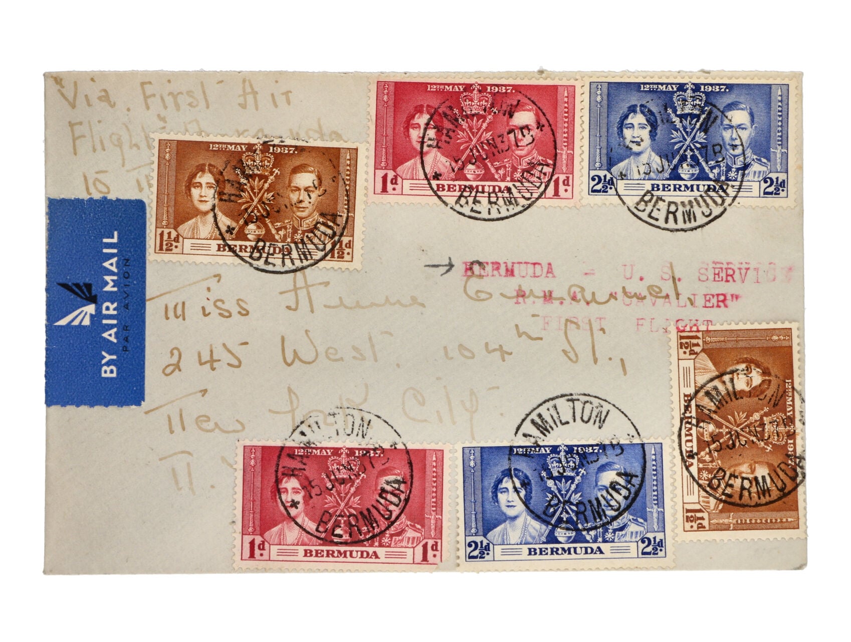 Bermuda - let. dopis do USA frank. pestrou vysokou frankaturou, pod. raz. HAMILTON BERMUDA 15.JUN.37 + červený let. kašet a přích. raz.