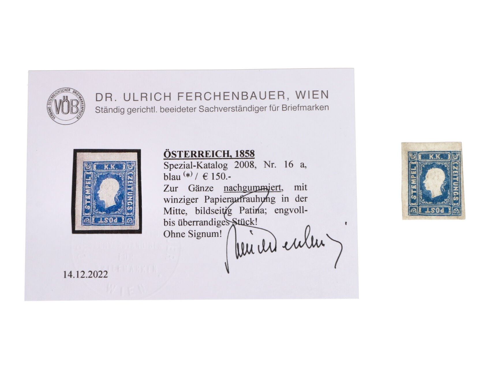 zn. Fe. č. 16a modrá nepoužitá s novým lepem, pěkný střih, atest Ferchenbauer, 150 EUR