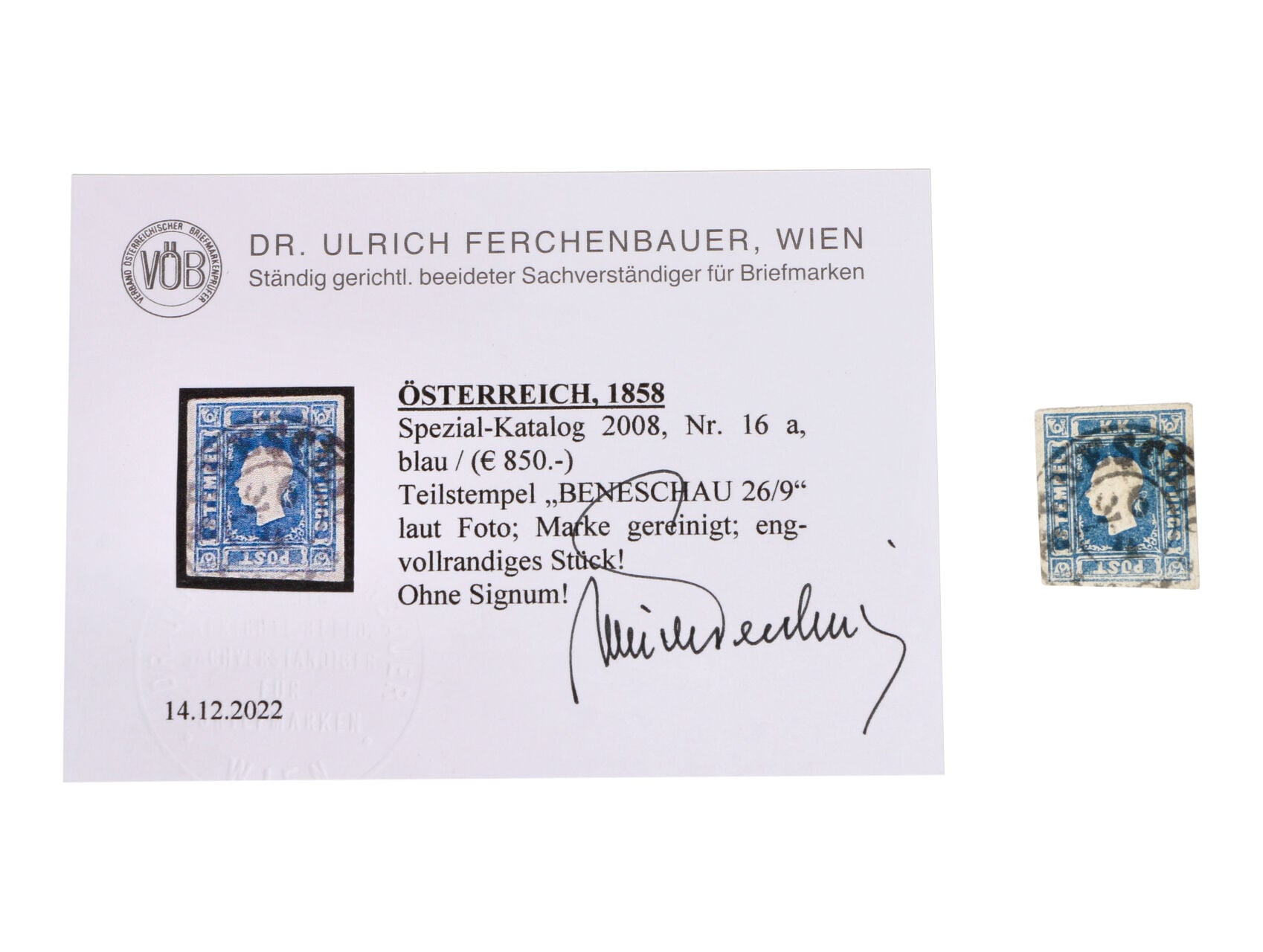 zn. Fe. č. 16a modrá s nekompl. raz. BENESCHAU 26.9., atest ferchenbauer, 850 EUR