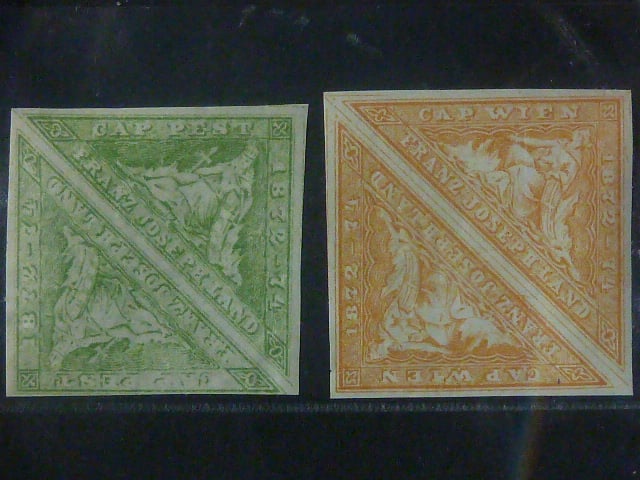 Franz Josef Land 1872, 2x 2 zn. Cap Wien a Cap Pest trojúhelníky typu zn. „Mys Dobré Naděje“, vydáno Sigmundem Friedlem k expedici „North Pole Expedition 1872–1874“
