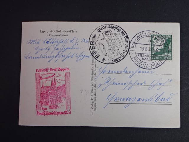 Sudety, Eger (Cheb), fotopohlednice přepravená vzducholdí 1.Zeppelinlandung im Sudetenland 13.8.39,frankováno let. zn. 50 pf., podací raz. Frankfurt + červený a černý let. kašet
