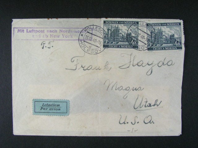 let. dopis do USA frank. zn. č. 37 (2x), pod. raz. HOLESCHAU 26.3.40, příd. rámeč. raz. Mit Luftpost ...