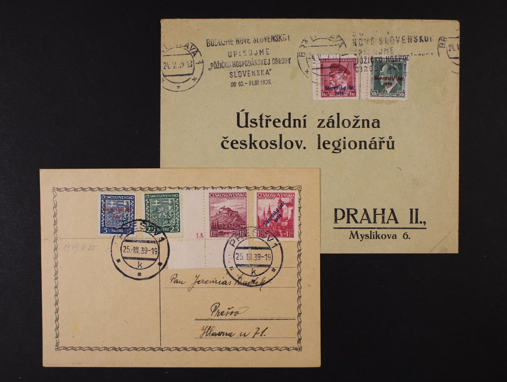 KL v místě frank. čs. - slovenskou smíš. frankaturou, pod. raz. PREŠOV 1 25.3.39 a firemní dopis frank. slov. zn. č. 8 a 12, pod. stroj. raz. BRATISLAVA 1 24.5.39