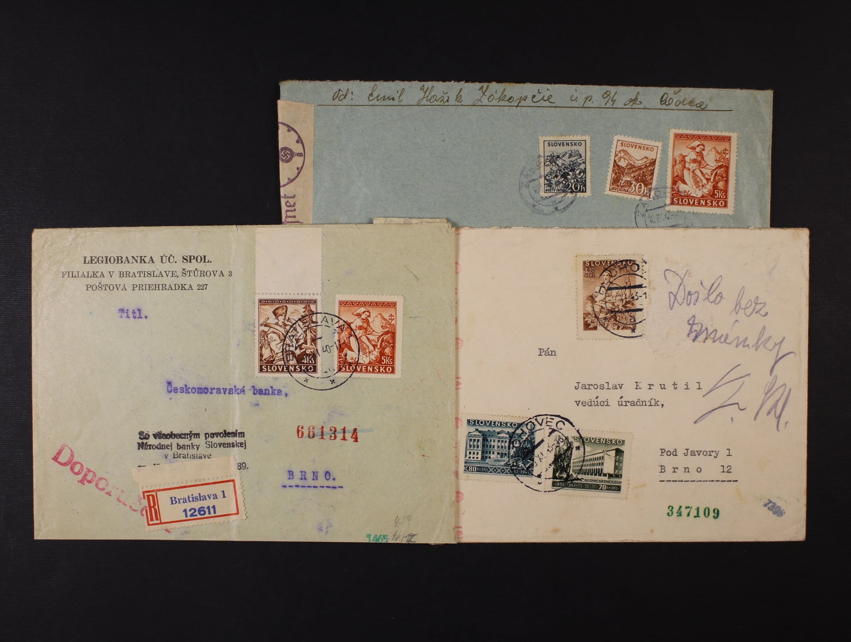KL v místě frank. čs. - slovenskou smíš. frankaturou, pod. raz. PREŠOV 1 25.3.39 a firemní dopis frank. slov. zn. č. 8 a 12, pod. stroj. raz. BRATISLAVA 1 24.5.39