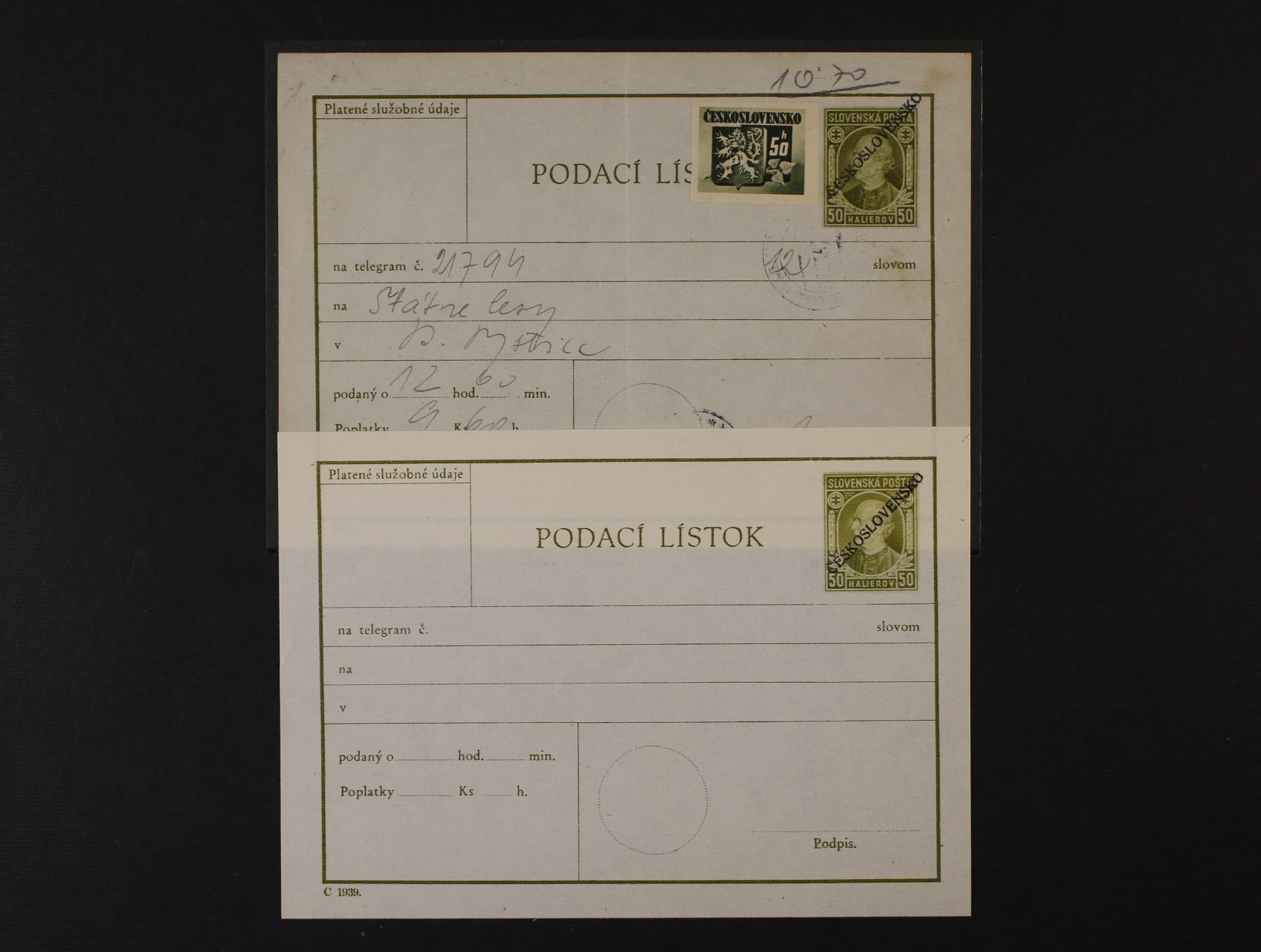 CPL č. 5b nepoužitý + CPL 5 dofrank. zn. č. 363, pod. raz. BRATISLAVA 2.9.45