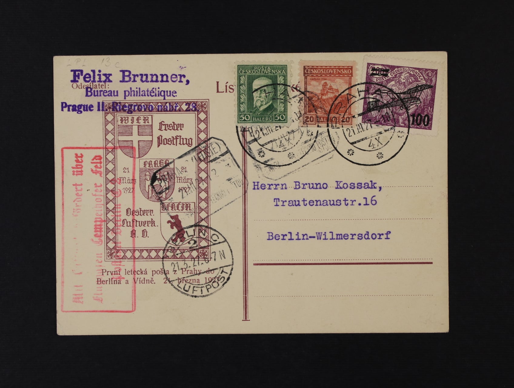 spec. KL s přítiskem 1. let 21.března 1927, frank. mj. zn. L č. 5, pod. raz. PRAHA 1 21.3.27, přídavné rámeč. raz. PRAHA LETIŠTĚ ..., červený rámeč. let. kašet a přích. raz. BERLIN C 21.3.27, zajímavé