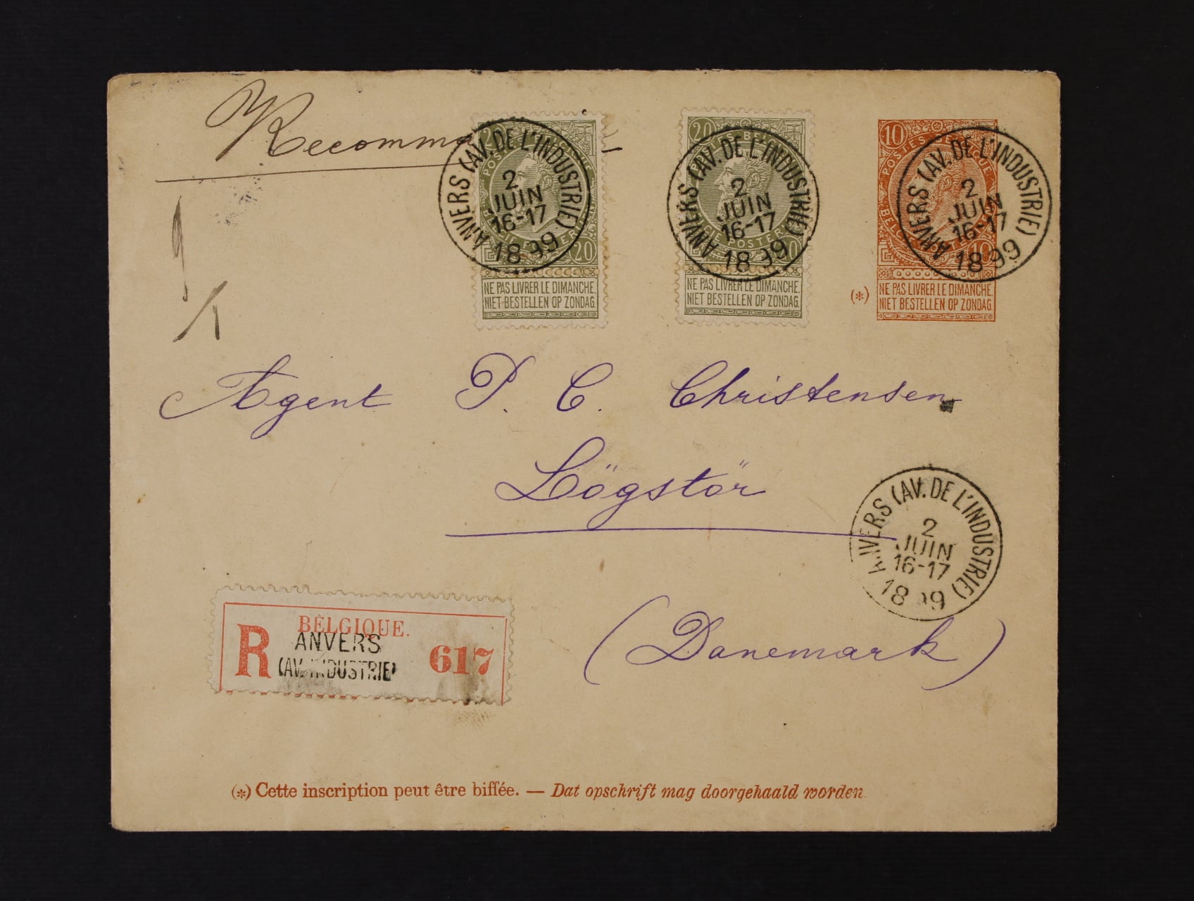 celinová obálka Mi. č. U 3 RECO do Dánska dofrank. zn. Mi. č. 54 (2x), pod. raz. ANVERS (AV. DE Ĺ INDUSTRIE) 2. JUN 1899, přích. raz. LÖGSTOR 4.6., zajímavé