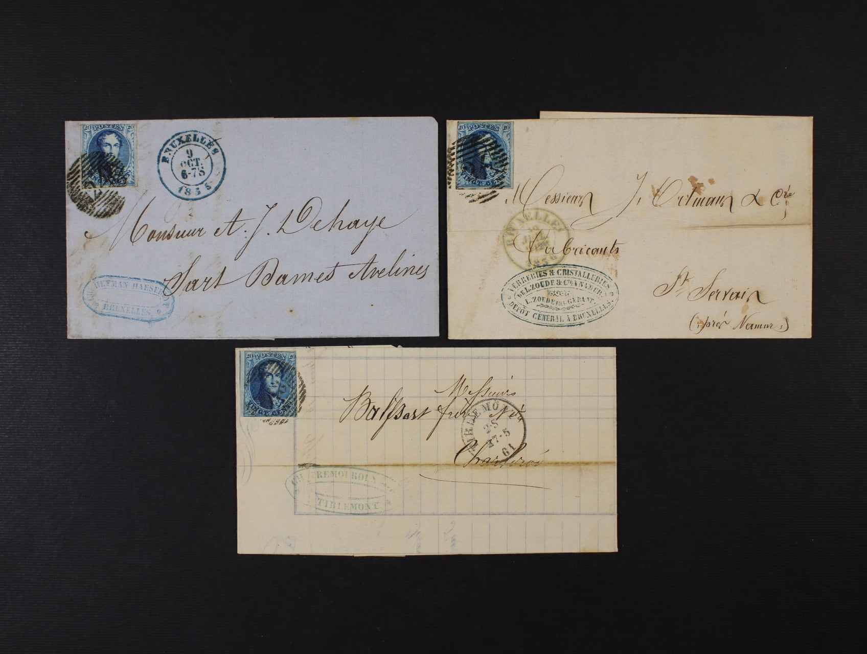 skl. firemní dopis z r. 1855 frank. zn. Mi. č. 6 I s čís. raz. 24 + DR BRUXELLES 9.OCT.1855, dtto frank. zn. Mi. č. 8 II s čís. raz. 24 + DR BRUXELLES 10.JUL.1856 + dtto frank. zn. Mi. č. 8 II s čís.