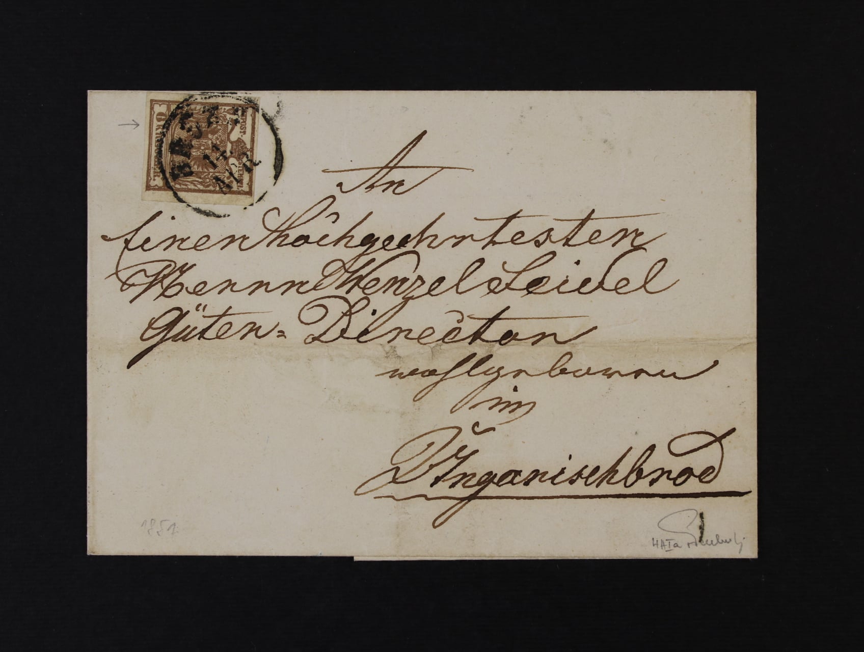 skl. dopis z r. 1851 do Uh. Brodu, frank. zn. Fe. č. 4 HP s DV vyštípnutá nožička K - KRE.., pod. jednokruh. raz. BRÜNN 11.APR., průch. řádkové raz. U. HRADISCH, přích. raz. Uh. Brod 15.APR.