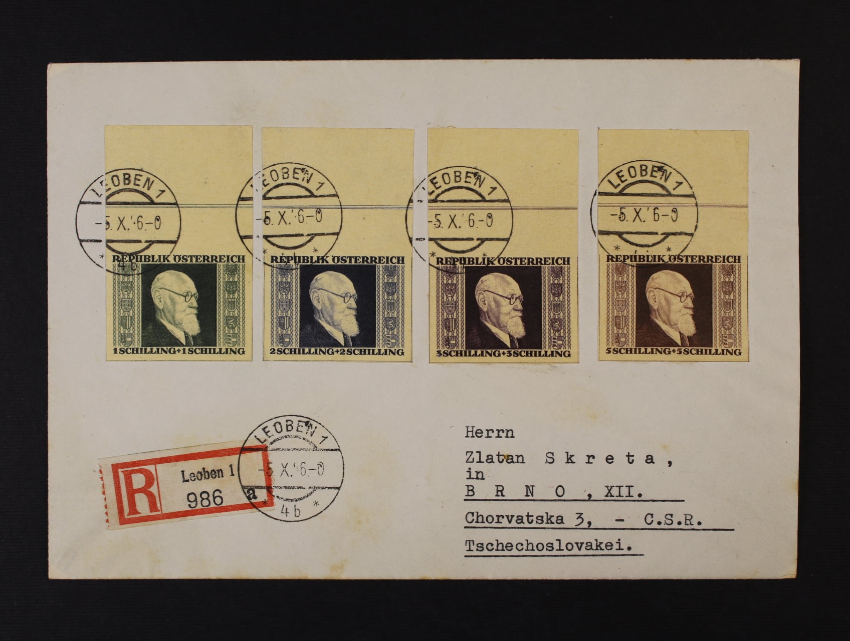 R-dopis do Brna frank. zn. Mi. č. 772 B - 775 B s horními okraji, pod. raz. LEOBEN 1 5.10.46, 1800 EUR