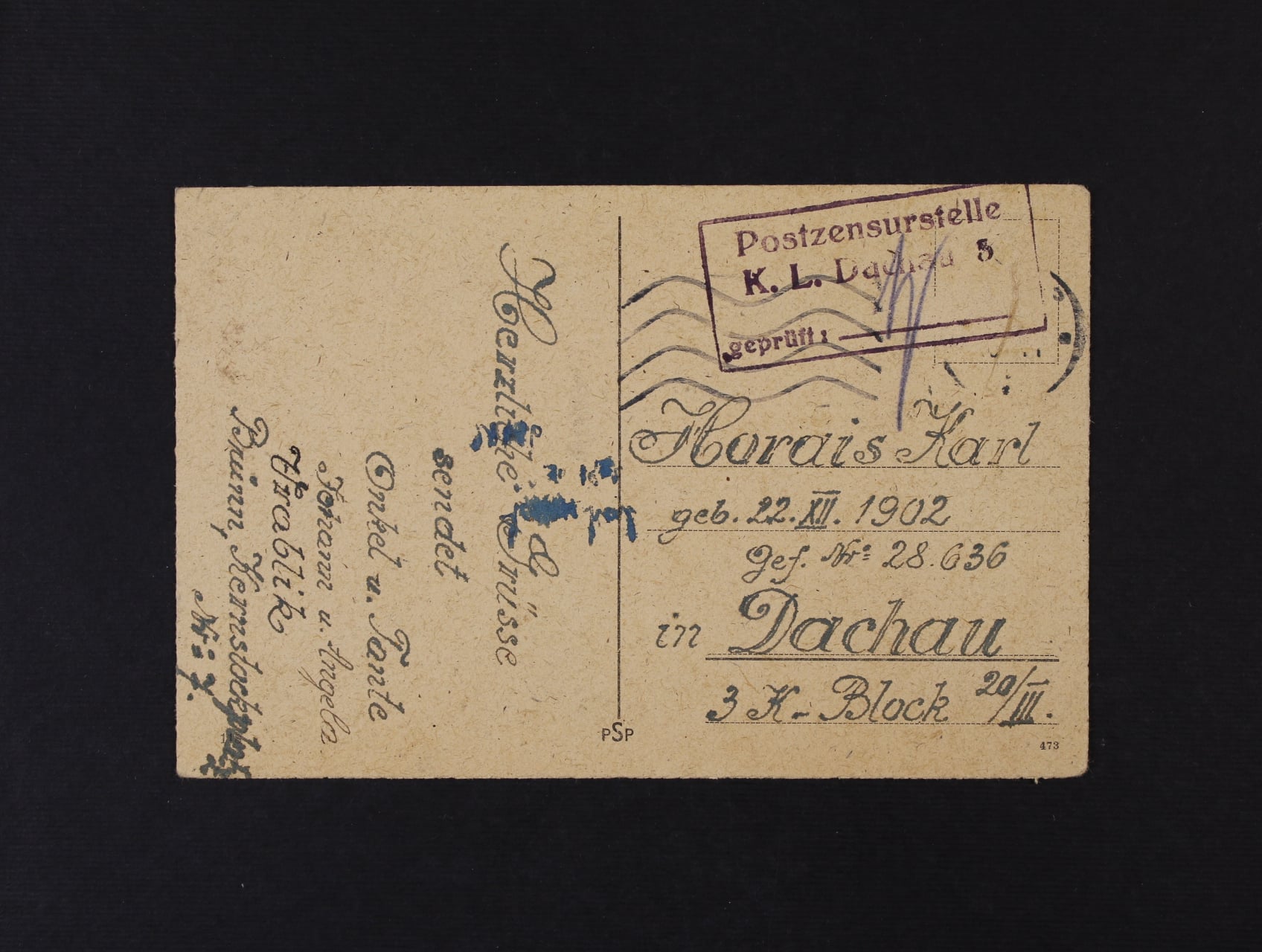 Dachau - celistvost do KT, nečitelné pod. raz., cenzurou odstraněná zn. s rámeč. cenzurním raz. Postzensurstelle K.L. Dachau 5 geprüft