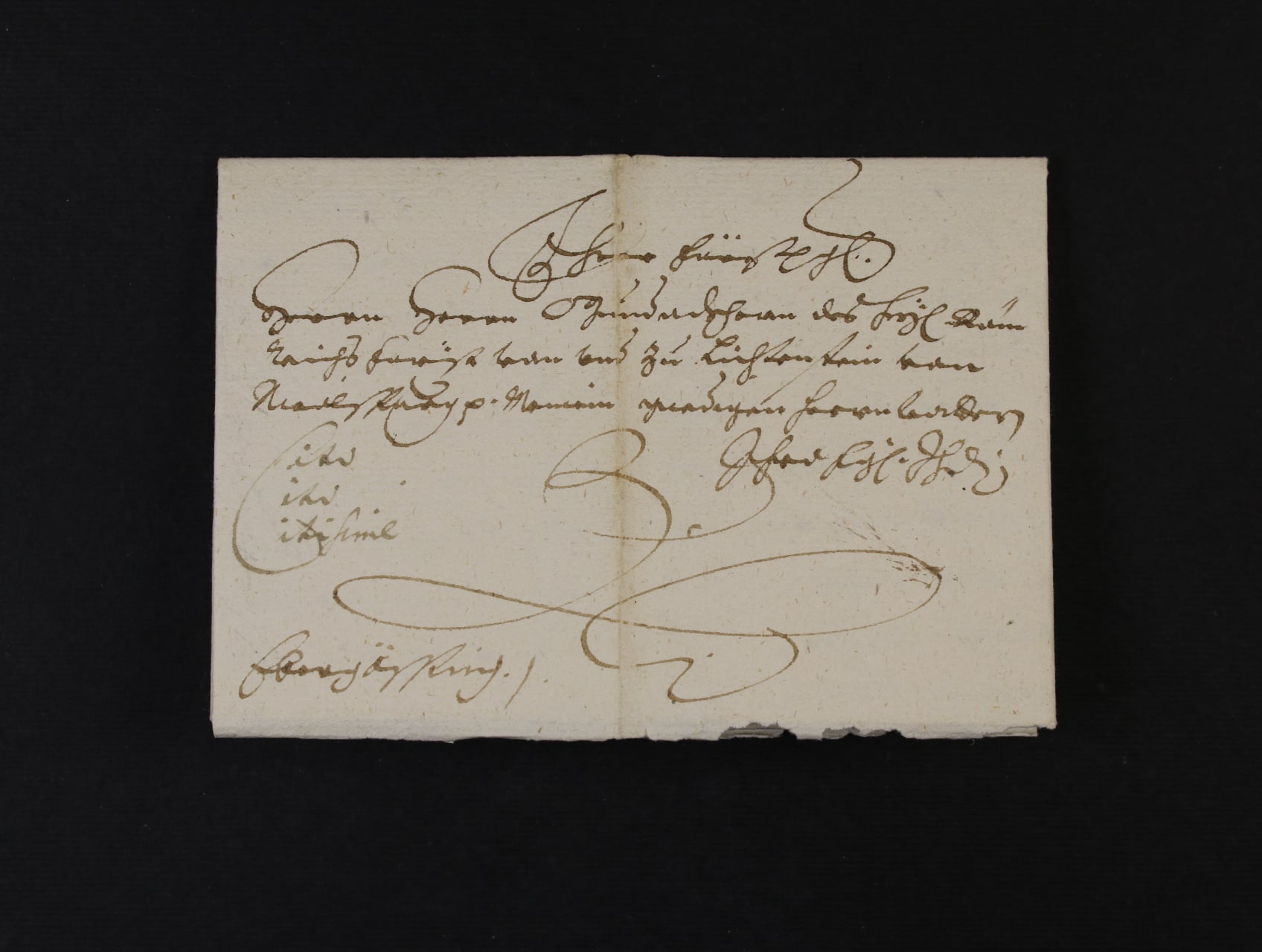 skl. spěšný dopis z r. 1650 z Regenu do Grusbachu na knížete z Liechtensteinů se zdvořilostní adresou a poznámkou Cito, Cito, Citisime, velmi zajímavé, vzácné