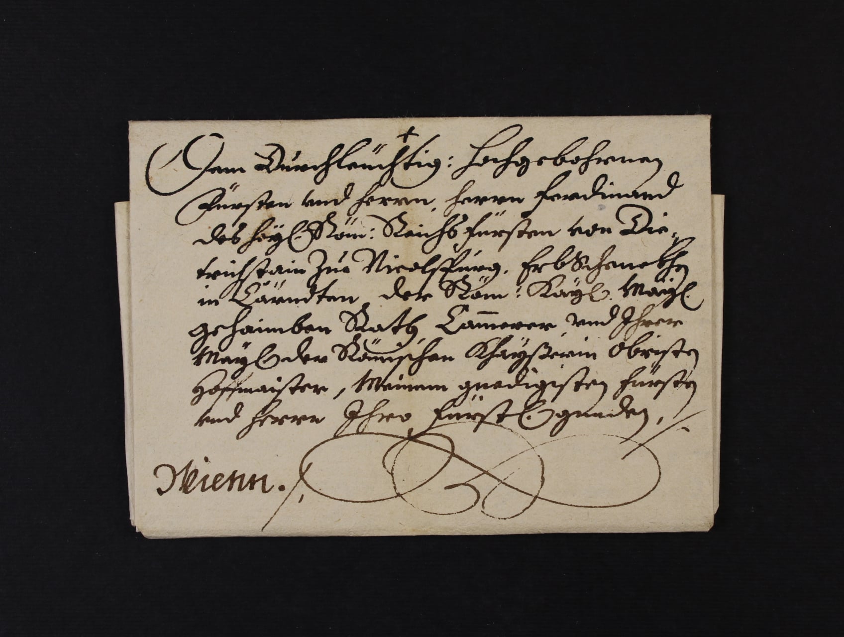 skl. dopis z r. 1667 na knížete Ferdinanda Ditrichsteina, nejvyšší cís. soudce, nejvyšší komorník na Moravě, moravský zemský hejtman, nejvyšší hofmistr cís. Leopolda I., krásná kvalita