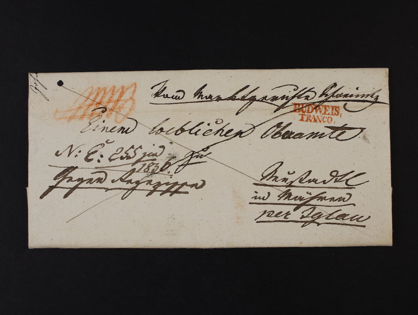 skl. dopis RECO do Jihlavy z r. 1830 s červeným řádk. raz. BUDWEIS FRANCO, dobraá kvalita, zajímavé