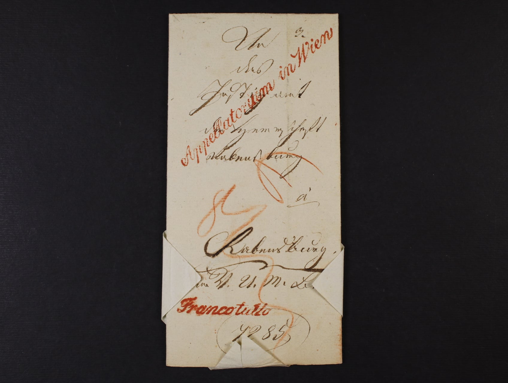 skl. dopis z r. 1839 s řádk. červeným raz. Appellatorium in Wien + červené řádk. raz. Francotutto, na zadní str. velká reliéfní papírová pečeť při otevírání přestřižena