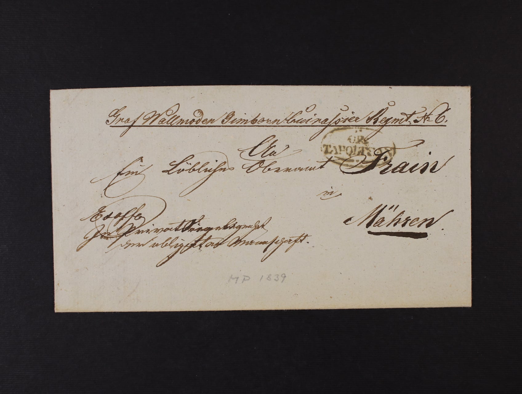 skl. vojenský dopis z r. 1839 do Vranova na Mor. s pod. oválným raz. GR: TAPOLTSAN