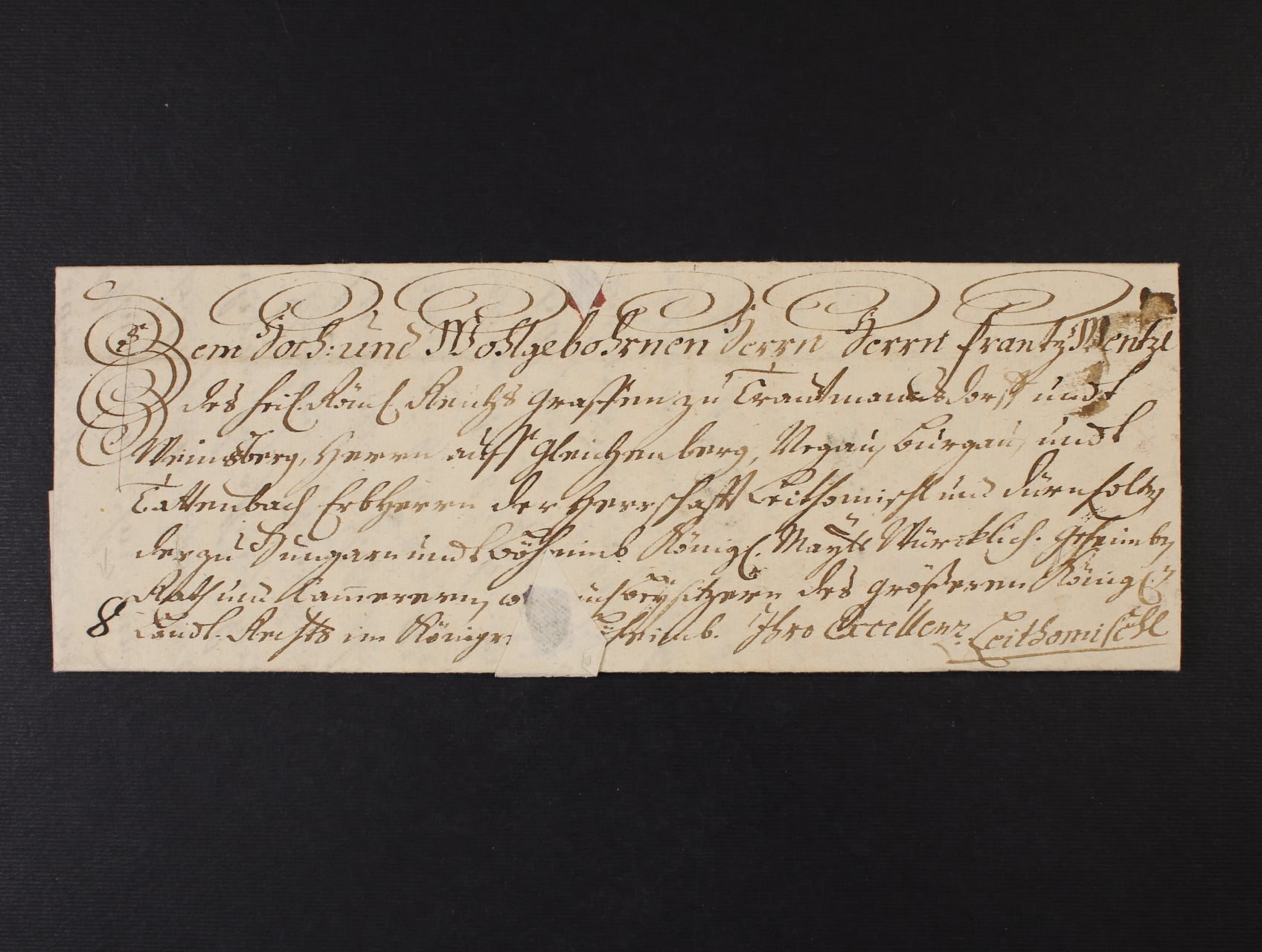 skl. dopis z Olomouce do Litomyšle z r. 1844 se zdvořilostní adresou a reliéfní neporušenou papírovou pečetí na zadní straně