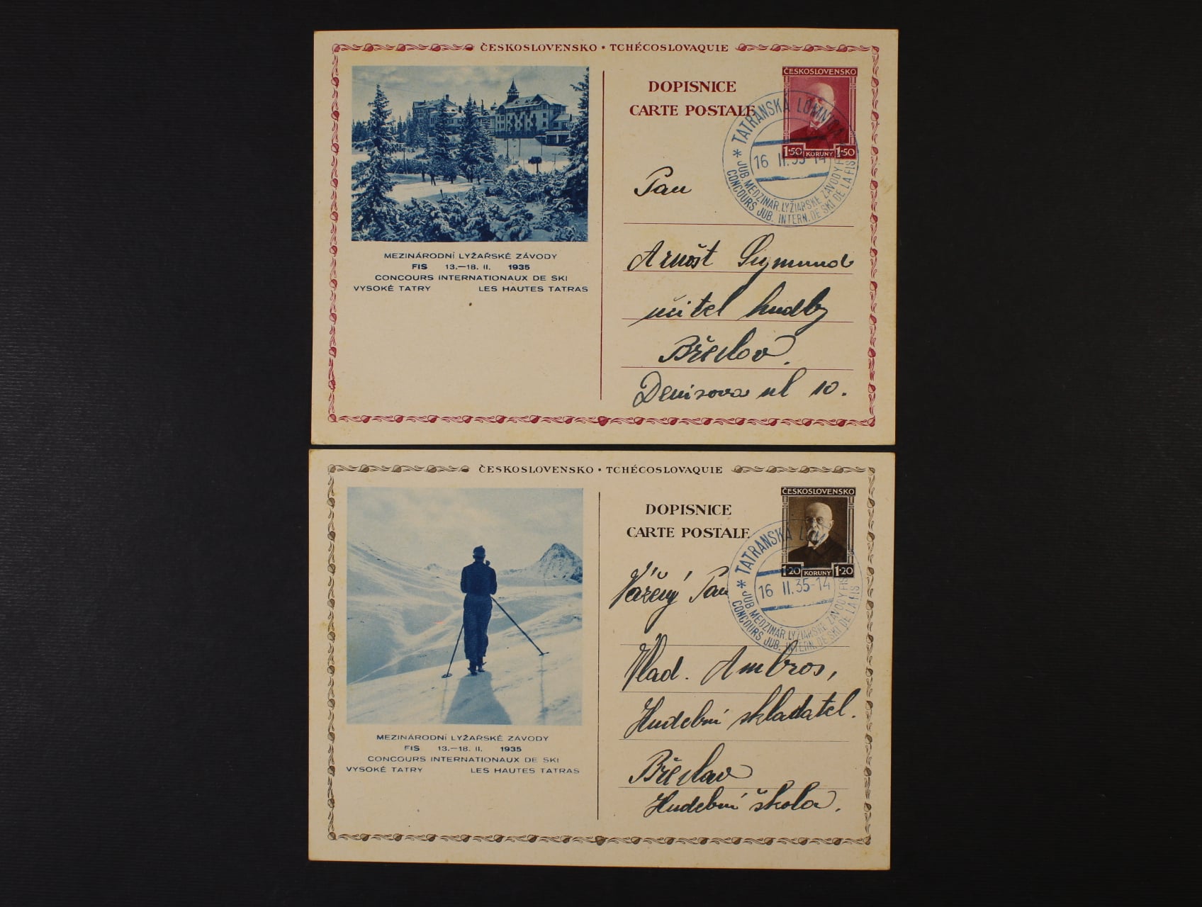 CDV č. 57/1 a CDV 58/3 s modrým pam. raz. TATRANSKÁ LOMNICA 16.2.35