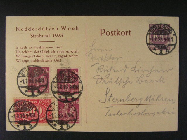 něm. inflační celina 100MK (PU 87) s přítiskem Nedderdütsch Voche Stralsund dofrank. zn. Mi. č. 248 + 241 (3x), pod. raz. STRALSUND 1.7.23