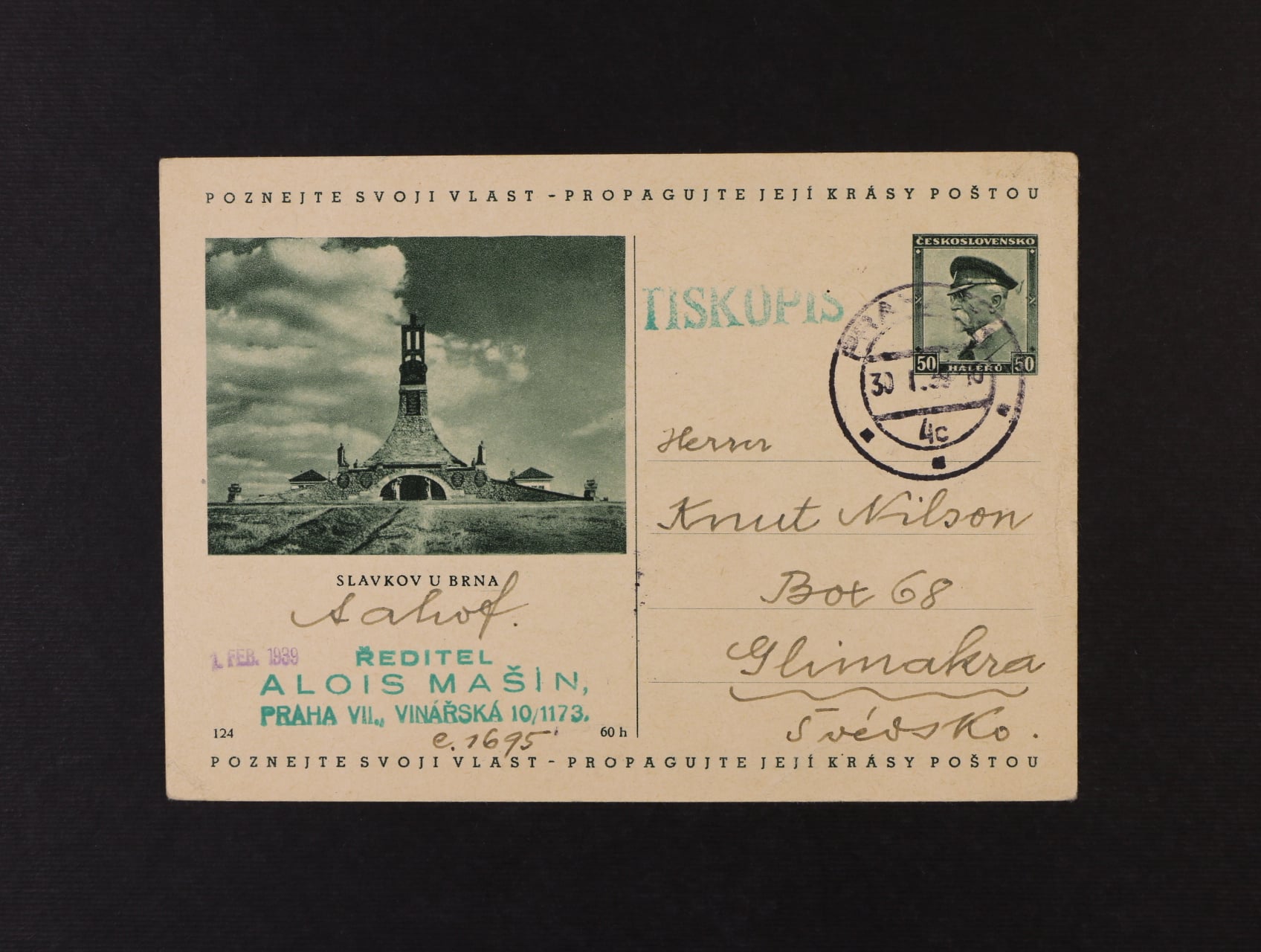 Předběžné - CDV č. 69/124 Slavkov u Brna jako tiskopis do Švédska, pod. raz. PRAHA 30.1.39