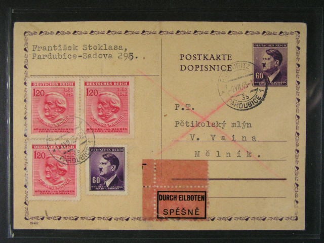 CDV č. 16 dofrank. EXPRES do Mělníka s pod. raz. PARDUBICE 1 1.7.43