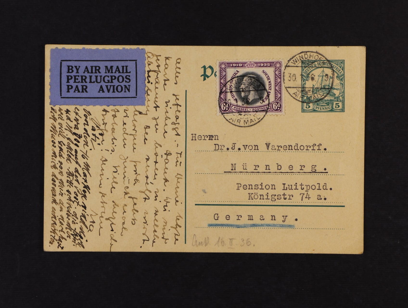 KL DEUTSCH - SÜDWESTAFRIKA 5pf dofrank. zn. Jižní Afriky 6d, zaslaná letecky do Německa s pod. raz. WINDHOEK 30.1.36, zajímavé