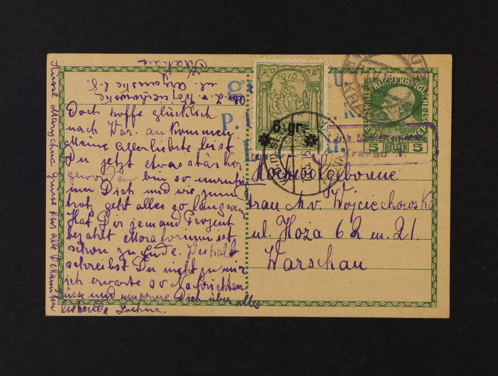 Městská pošta - rak. KL 5h F.J. 1908 do Varšavy s pod. raz. KRAKOW 13.5.16, dofrank. zn. Městské pošty Mi. č. 10 s DR POSZTA MIESKA K.O.M.St.W. 18.5.16