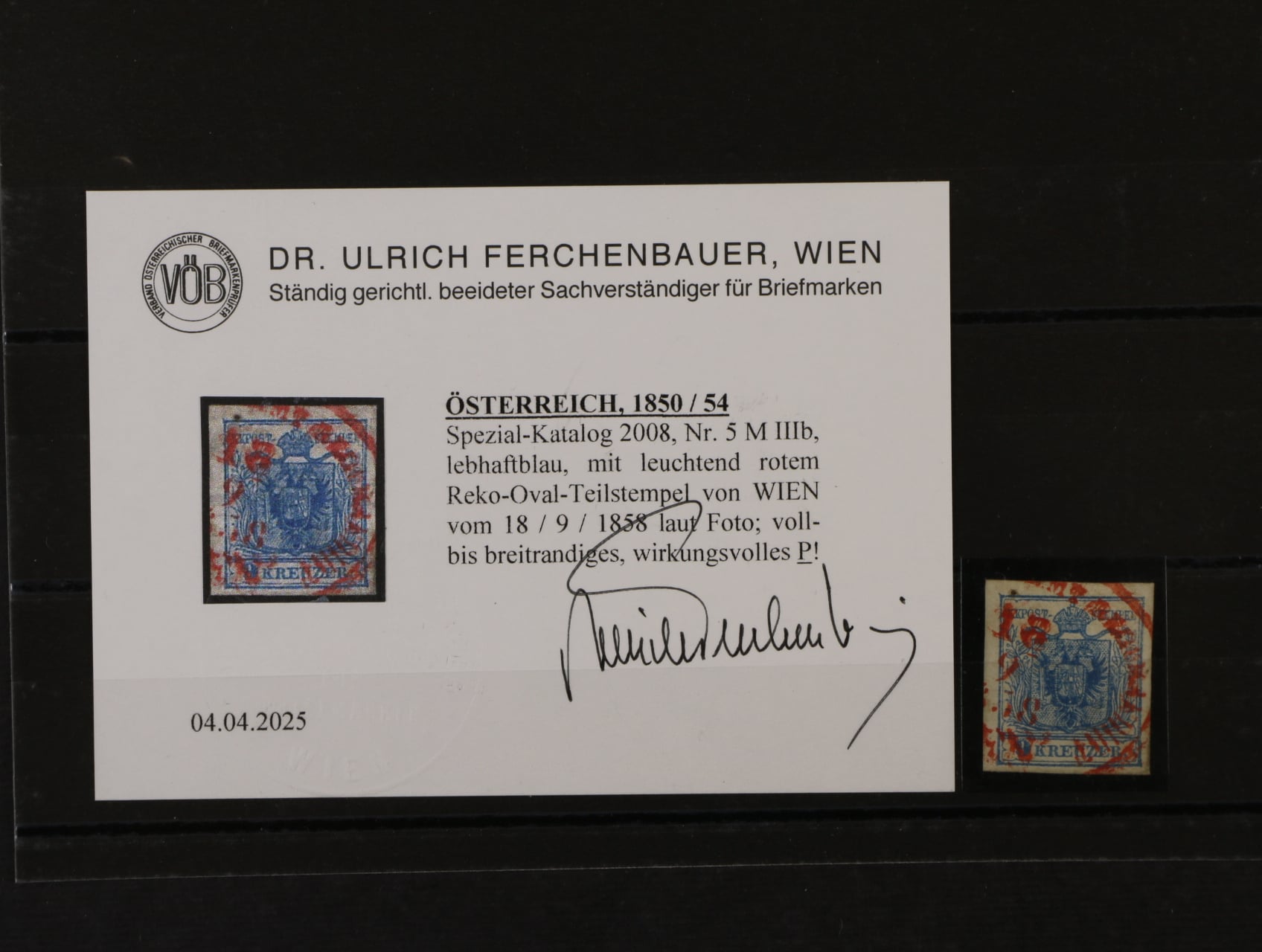 zn. Fe. č. 5 M, typ IIIb jasně modrá s nekpmpl. oválným raz. RECO WIEN 18.9.1858, zk. a atest Ferchenbauer
