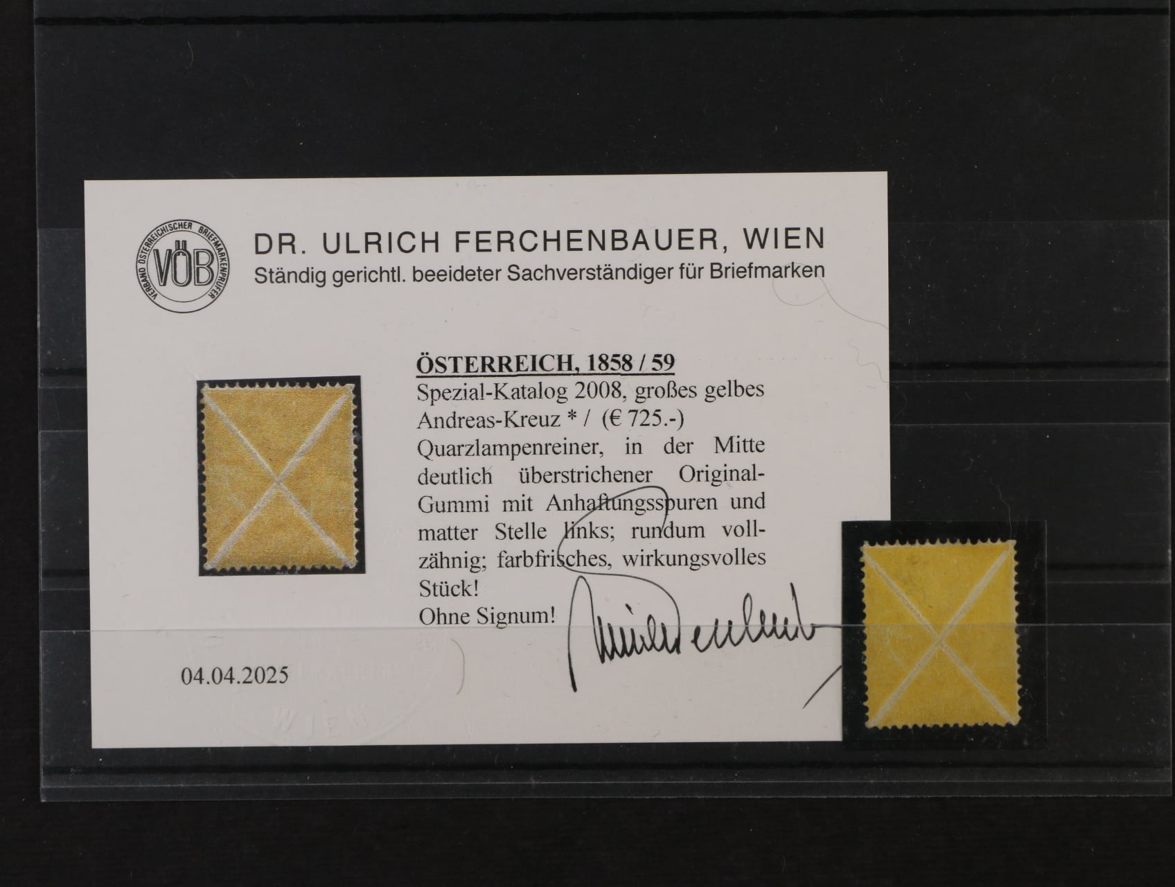 velký žlutý Andreas-Kkreutz s orig. lepem, zk. Ferchenbauer, zajímavé, kat. cena 725 EUR