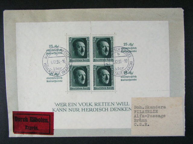 EXPRES dopis do Brna frank. něm. zn. Mi. č. 586, 587, Bl. 11, pod. raz. MÄHRISCH AUSSE 6.12.38