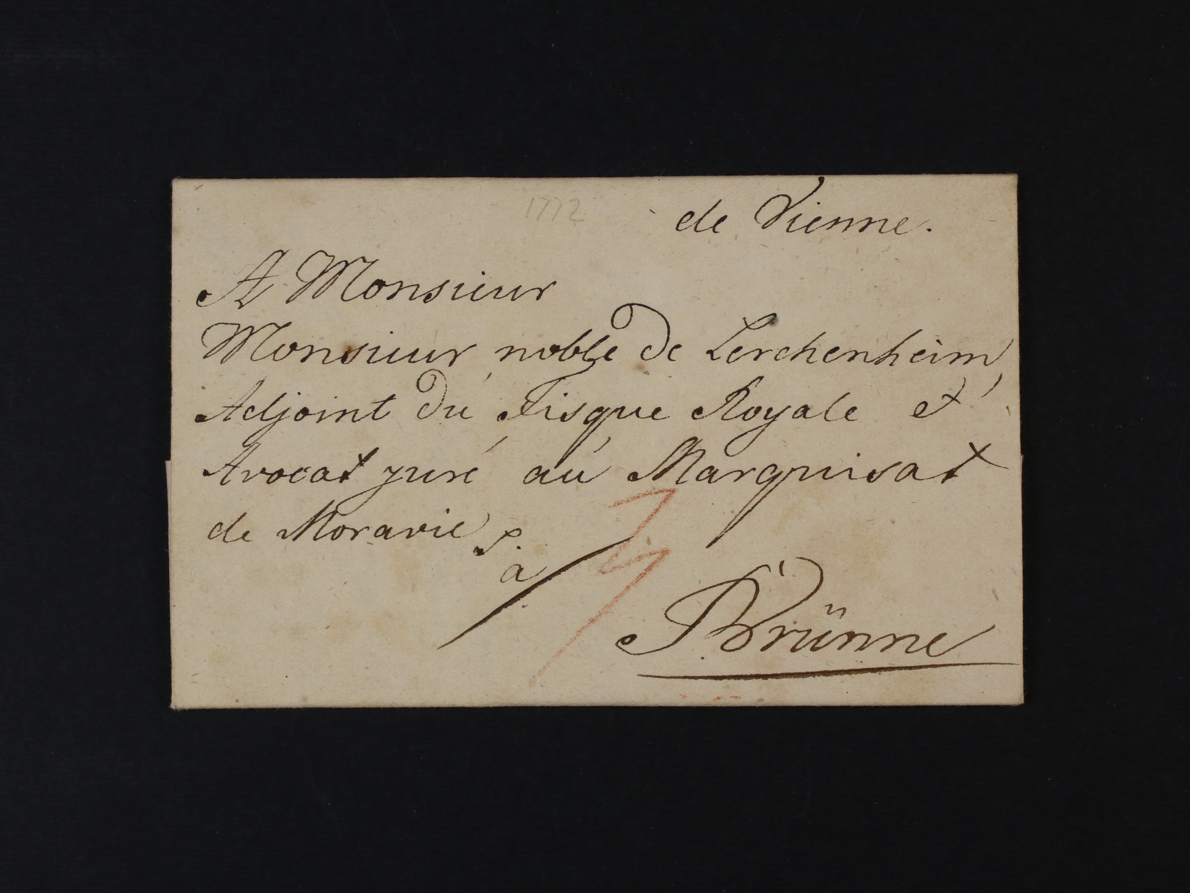 skl. dopis z r. 1772 z Vídně do Brna adresovaný na Monsiňora De Lerchenheima se zdvořilostní adresou a neporušenou pečetí