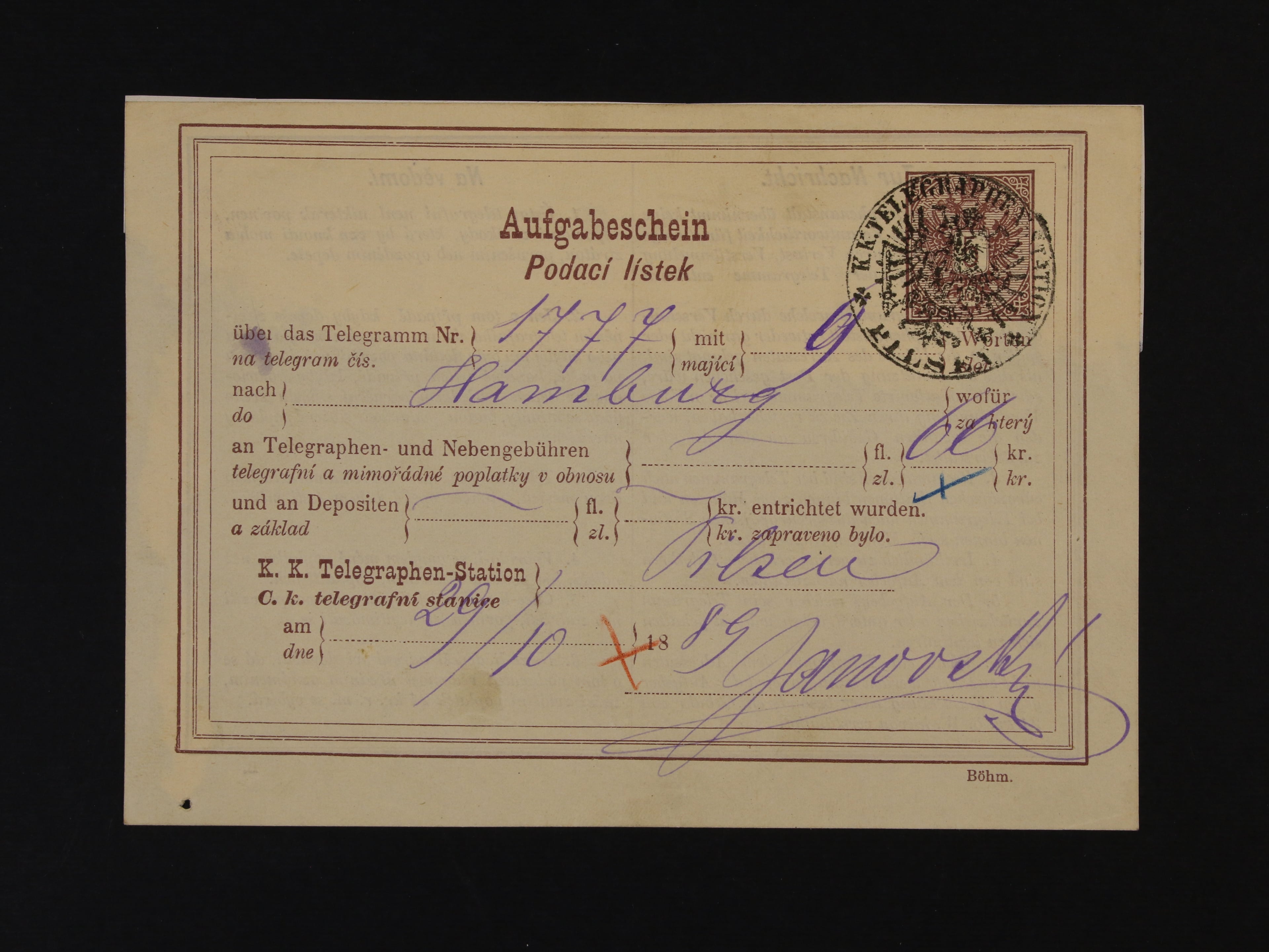 podací lístek na telegram 5kr s kulatým pod. raz. K.K. TELEGRAPHEN STATION PILSEN s datací v textu 29.10.89
