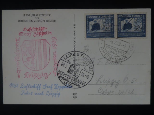 Zeppelinova letecká pošta 1939 - korespondenční lístek" DEUTSCHLAND LEIPZIG FAHRTEN 1939"