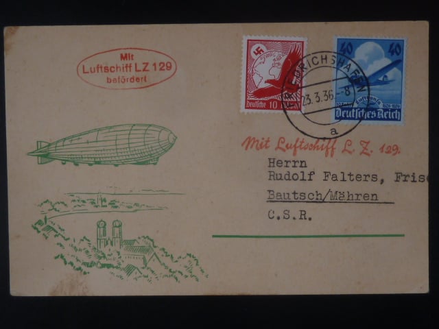 Zeppelinova letecká pošta 1936 - korespondenční lístek" Mitt Luftschiff LZ 129"