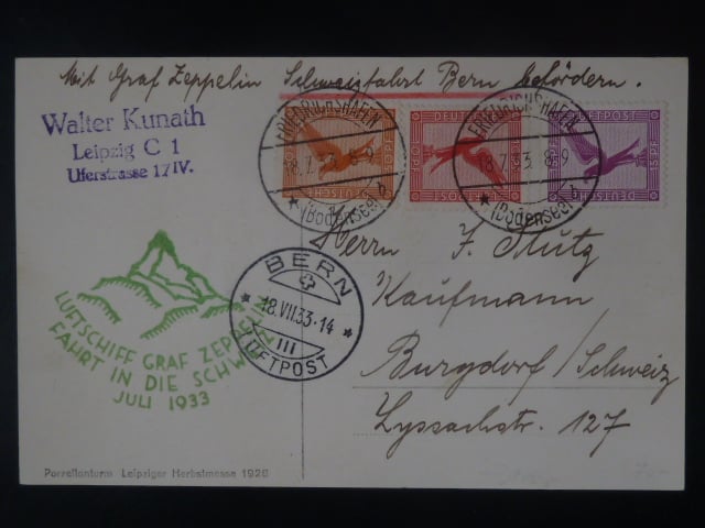 Zeppelinova letecká pošta 1932 - korespondenční lístek "FAHRT IN DIE SCHWEIZ 1933"