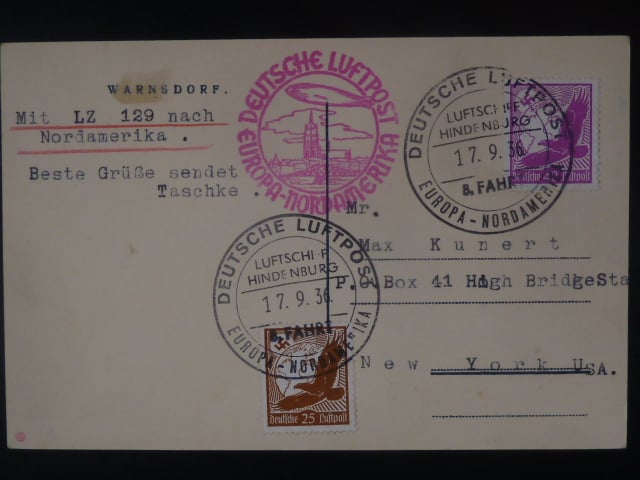 Zeppelinova letecká pošta 1936 - korespondenční lístek "DEUTSCHE LUFTPOST EUROPA-NORDAMERIKA"