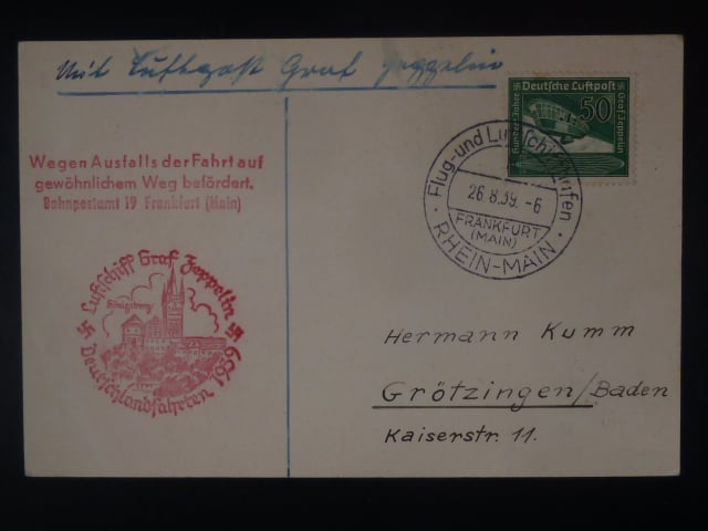 Zeppelinova letecká pošta 1939 - korespondenční lístek" Luftschift graf Zeppelin - Deutschland Fahrten 1939"