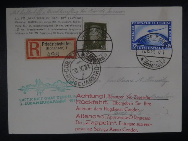 Zeppelinova letecká pošta 1931 - dopis "LUFTSCHIFF GRAF ZEPPELIN 3.SÜDAMERIKA FAHRT 1931"