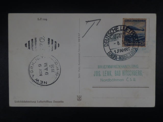 Zeppelinova letecká pošta 1936 - korespondenční lístek "DEUTSCHE LUFTPOST - 1.FAHRT EUROPA-NORDAMERIKA"