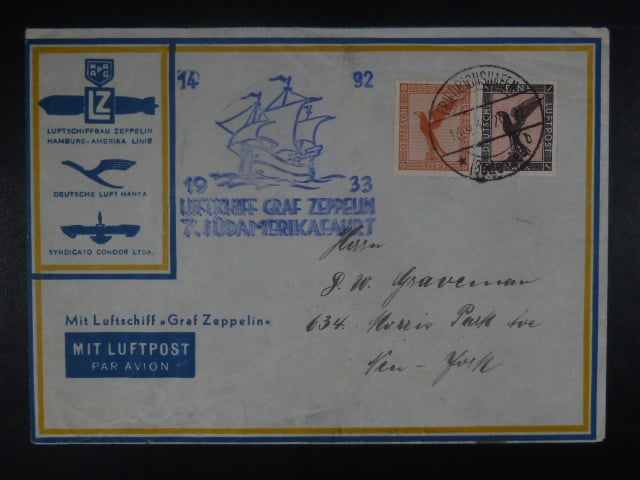Zeppelinova letecká pošta 1933 - dopis "7. SÜDAMERIKAFAHRT"