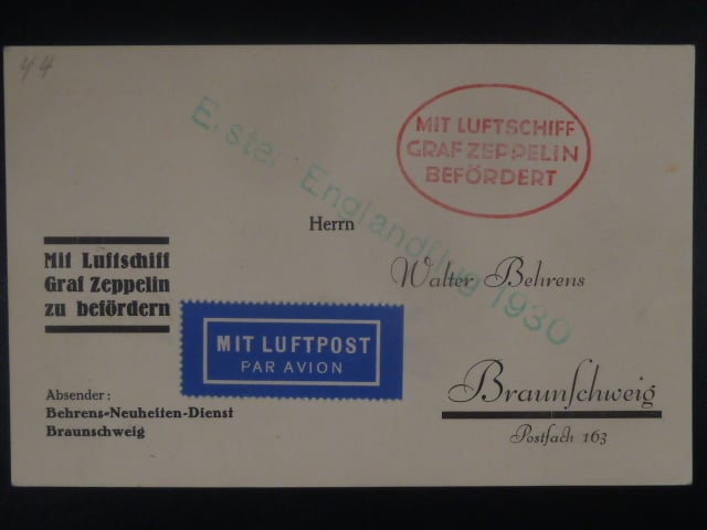 Zeppelinova letecká pošta 1930 - korespondenční lístek "MIT LUFTSCHIFF GRAF ZEPPELIN BEFÖRDERT"