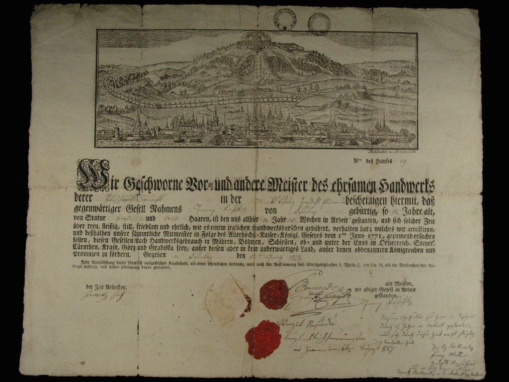 Olomouc, výuční list z roku 1827 s vedutou Olomouce