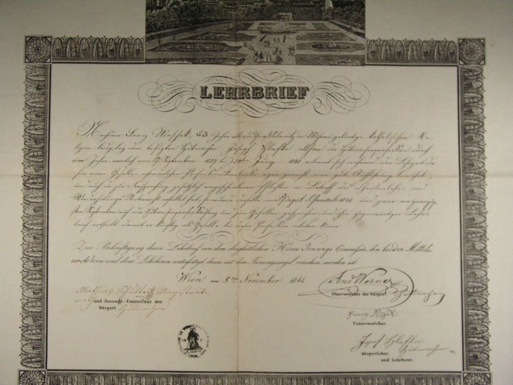 Vídeň, výuční list z roku 1841 s vedutou