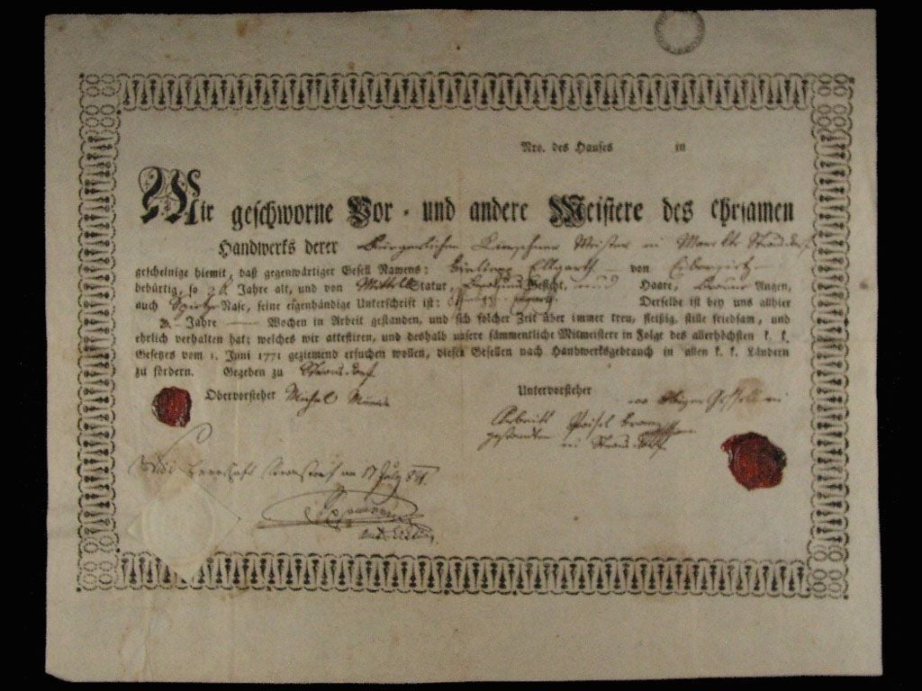 Stransdorf, výuční list z roku 1821
