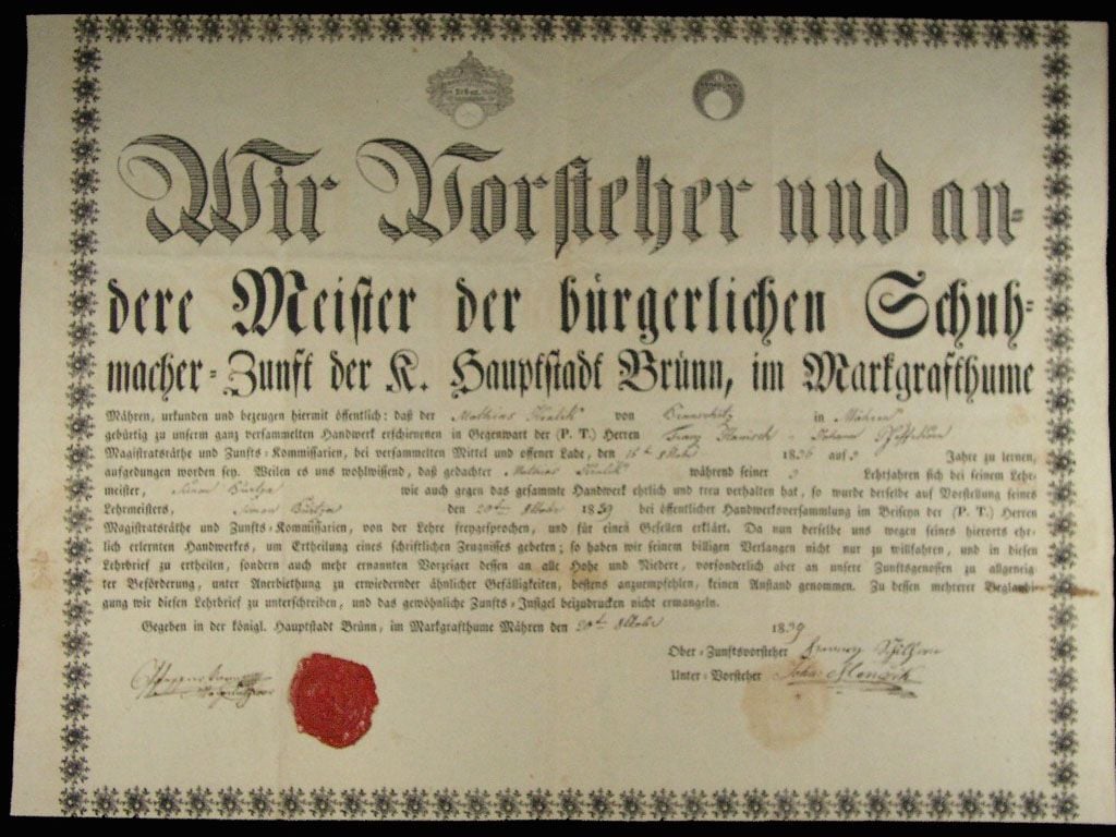 Brno, výuční list z roku 1839